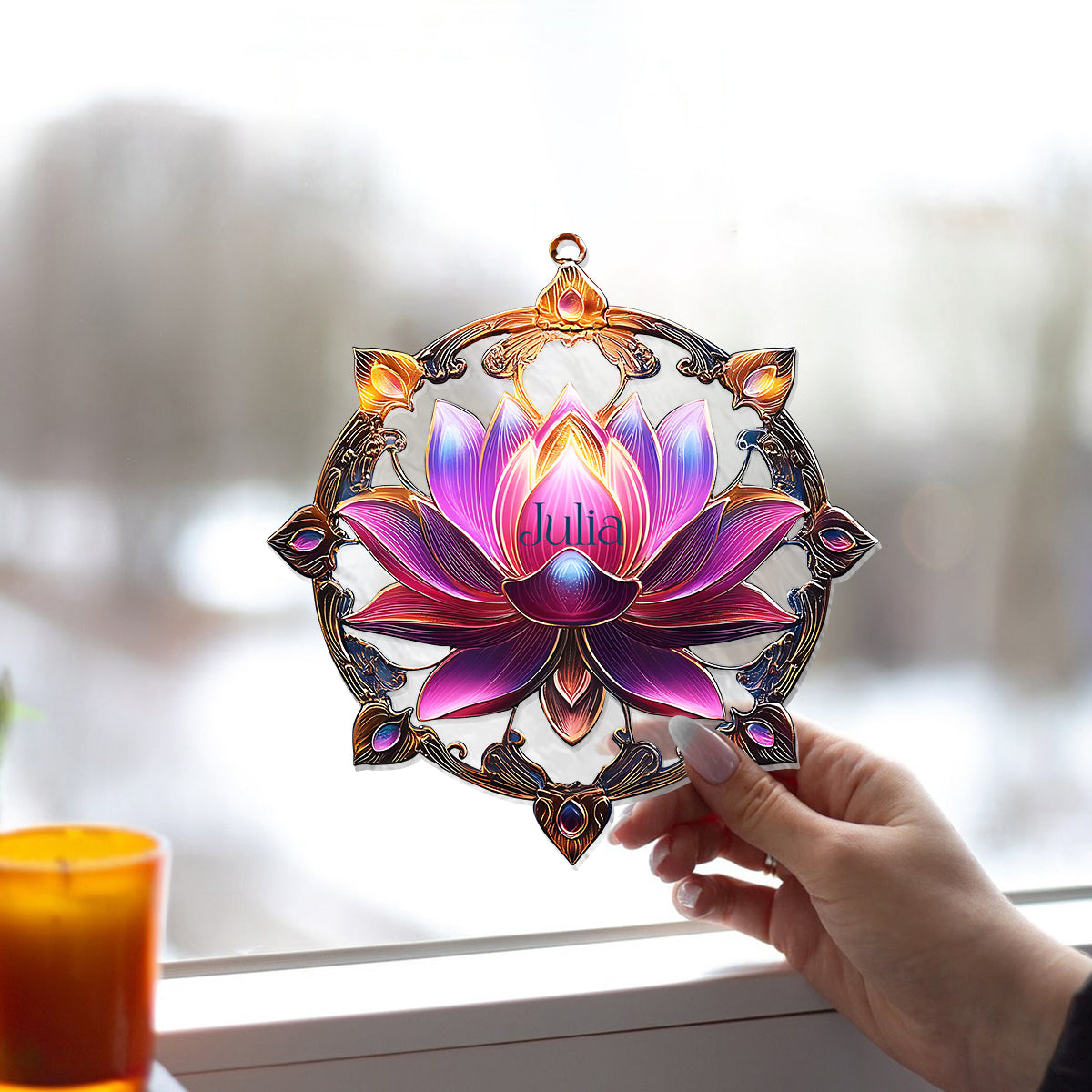 Magnifique lotus - Ornement attrape-soleil personnalisé à suspendre à une fenêtre, inspiré du yoga 
