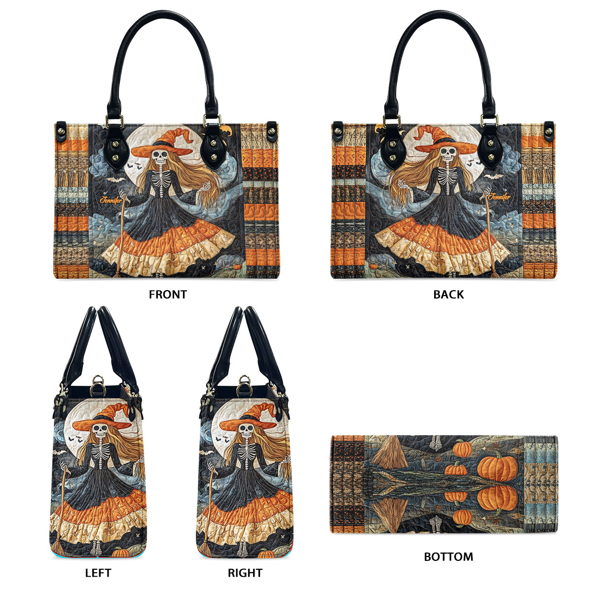 Magnifique sac à main en cuir personnalisé avec crâne de sorcière