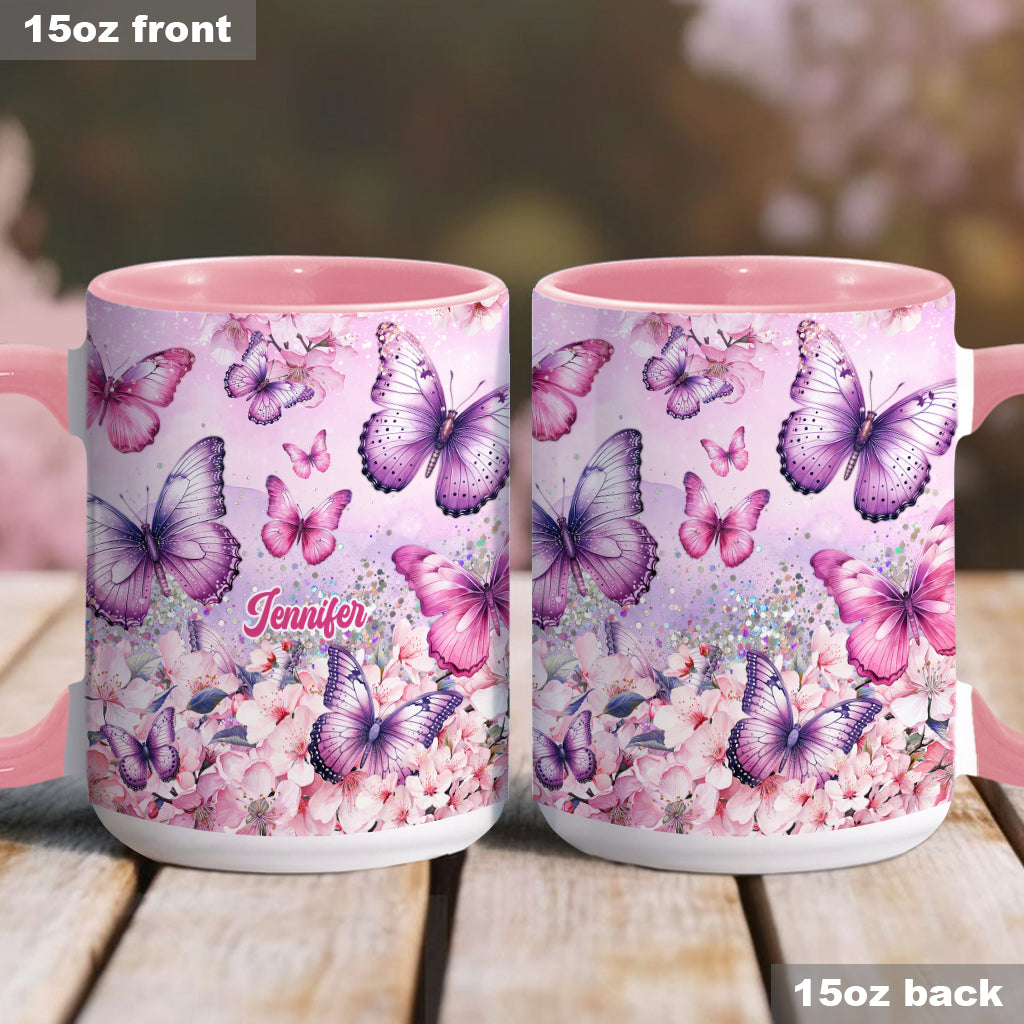 Mug personnalisé à motif papillon rose et floral