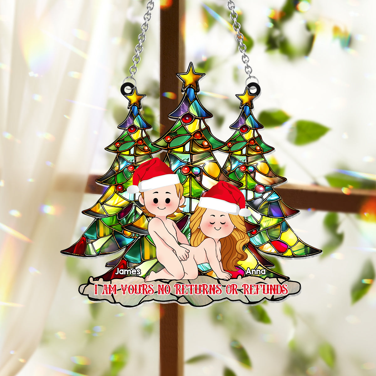 Je suis à toi. Ni retour ni remboursement. - Attrape-soleil personnalisé pour couple, à suspendre à la fenêtre. 