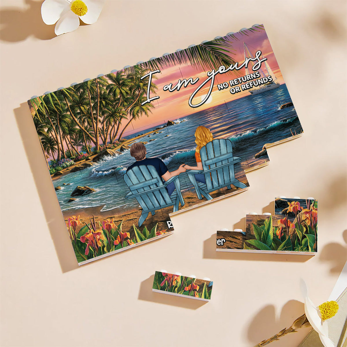 Paysage tropical de plage pour couple - Blocs de construction rectangulaires horizontaux personnalisés pour couple