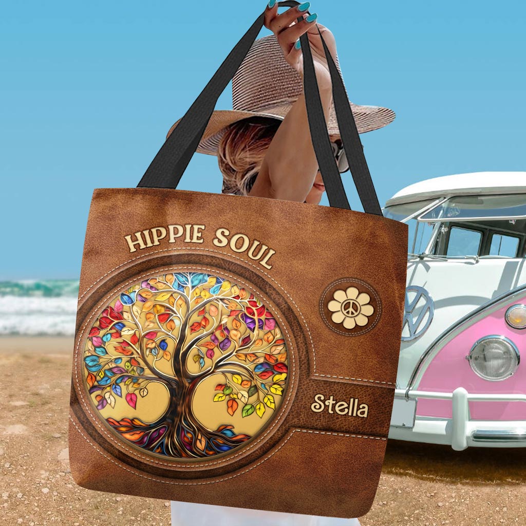 Sac fourre-tout hippie personnalisé « It's A Beautiful World » avec symbole de paix et arbre de vie