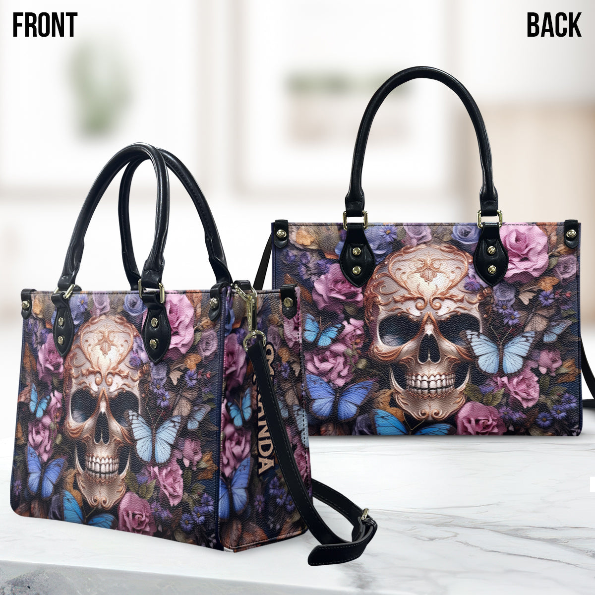Beauty Of The Dark Skull Roses Butterflies - Personalized Skull Leather Handbag