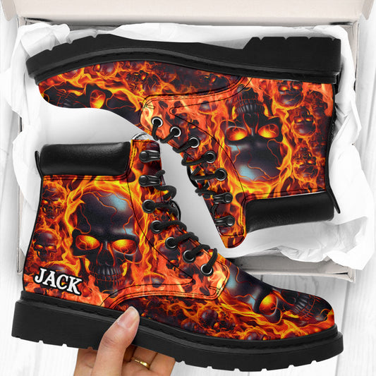 Crâne fondu en feu - Bottes toutes saisons personnalisées à motif crâne