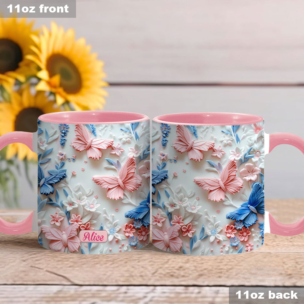 Mug personnalisé à motif papillons roses et bleus