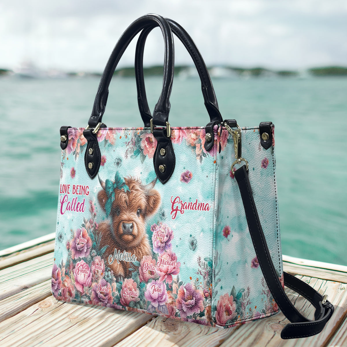 Sac à main en cuir personnalisé « J'adore qu'on m'appelle Mamie Highland Cow »