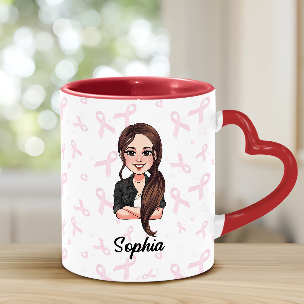 Dear Cancer You Picked The Wrong Bitch - Personalized Breast Cancer Awareness Heart Handle Mug