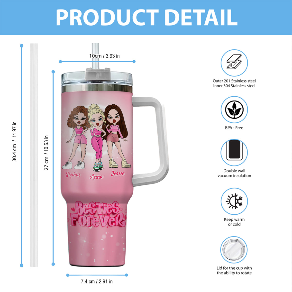 Amies pour toujours - Gobelet isotherme personnalisé avec anse « Meilleures amies »
