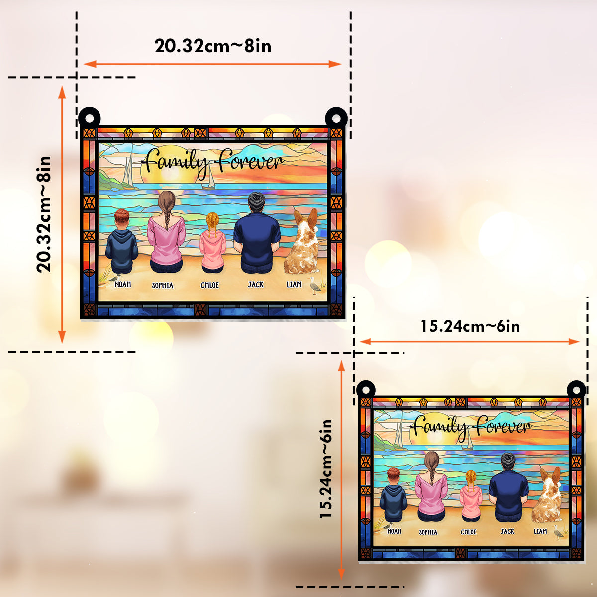 Family Sitting Back View Beautiful Ocean - Personalized Family Window Hanging Suncatcher Ornament