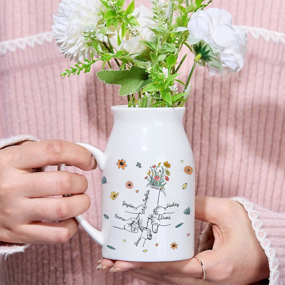 Holding Mom's Hand - Personalized Mother Ceramic Flower Vase