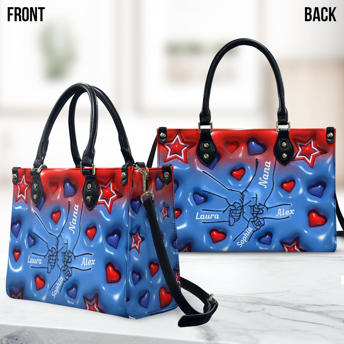 Sac à main en cuir personnalisé pour grand-mère et petits-enfants se tenant la main