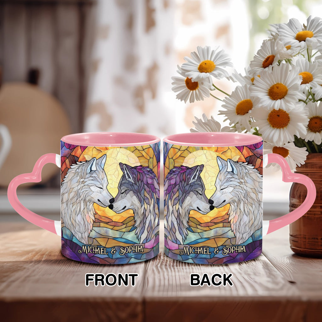 Wolf He Keeps Me Safe She Keeps Me Wild - Personalized Couple Heart Handle Mug