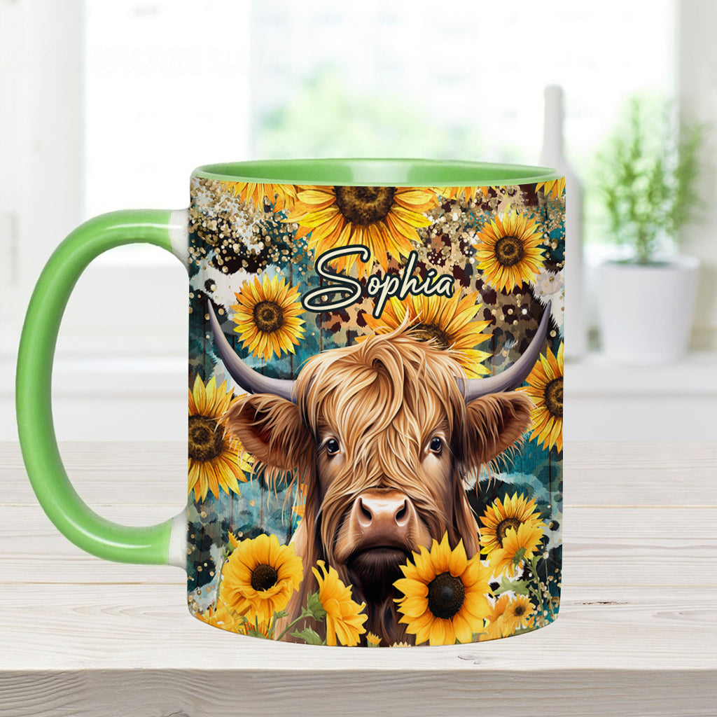 Mug personnalisé « Vache des Highlands parmi les tournesols »