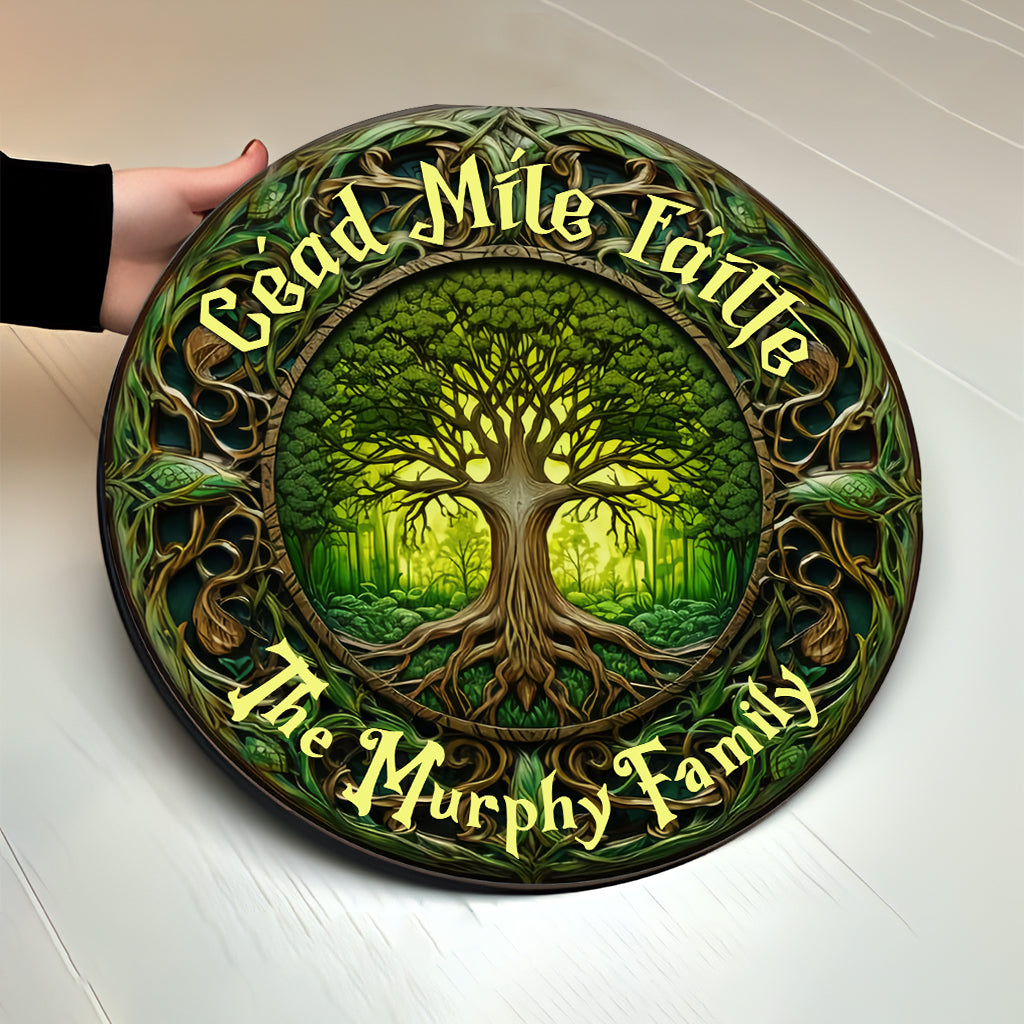 Panneau rond en bois irlandais personnalisé « Cead Mile Failte Arbre de Vie » style rustique