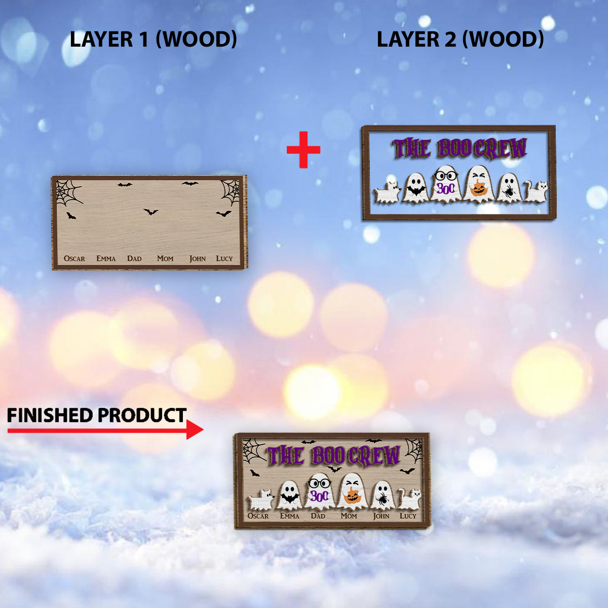 La famille Boo Crew - Panneau/Plaque en bois personnalisé(e) à 2 couches