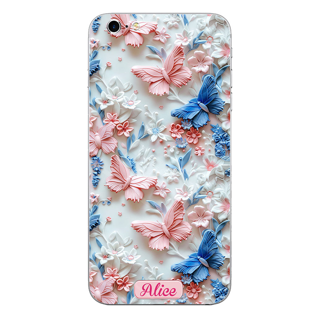 Coque de téléphone transparente personnalisée avec papillons roses et bleus