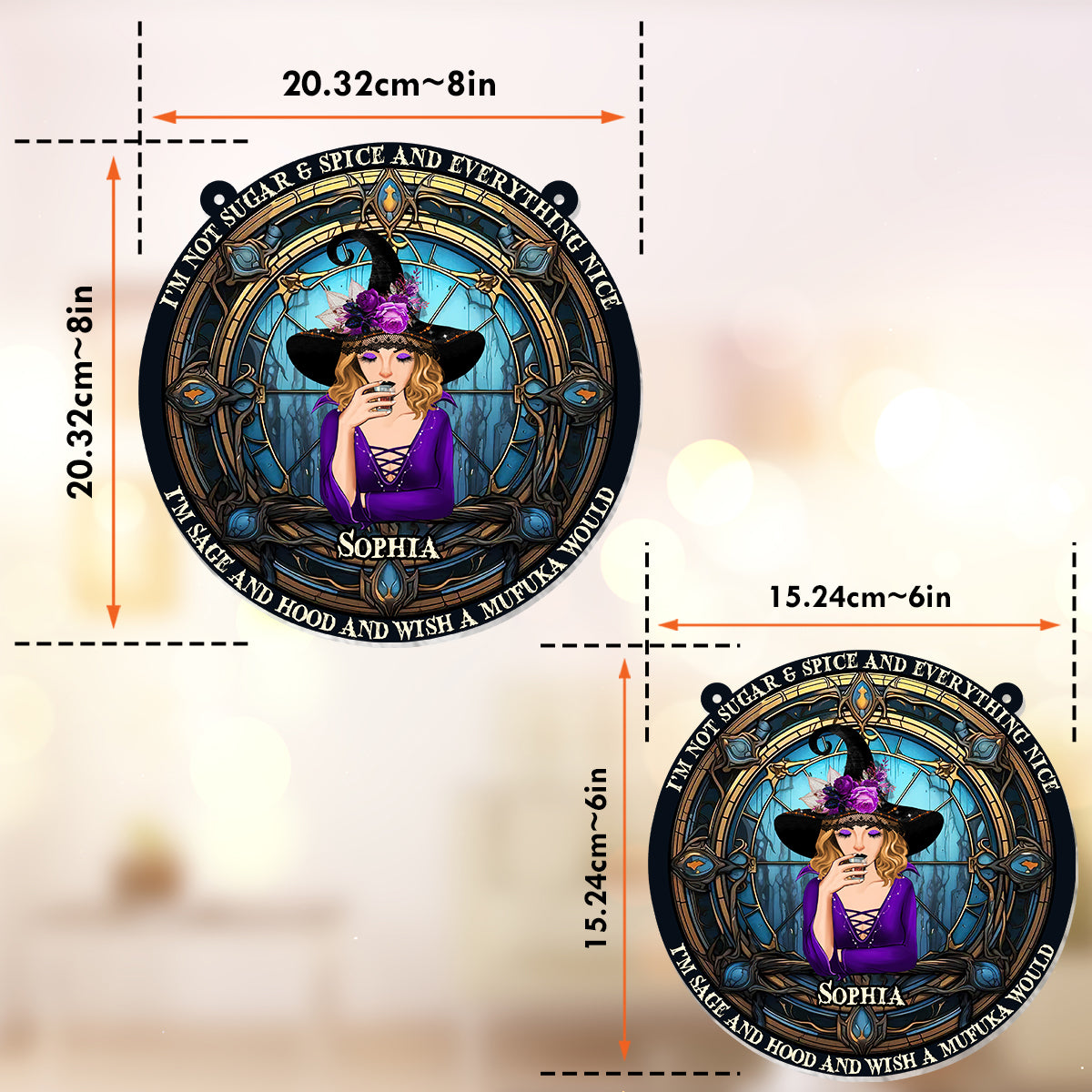 Je ne suis pas toute mignonne et gentille - Décoration de fenêtre attrape-soleil sorcière personnalisée 