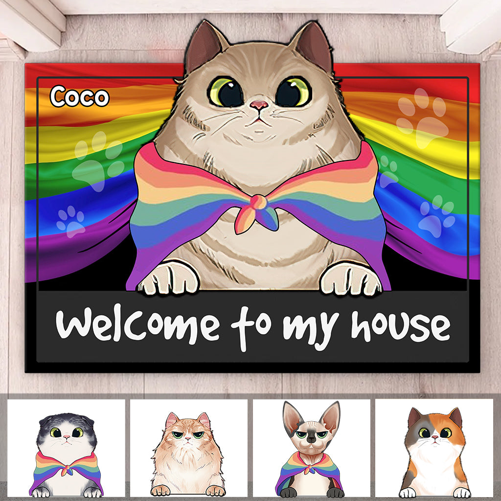 Pride Cat Welcome To My House - Personalized Cat Shaped Doormat