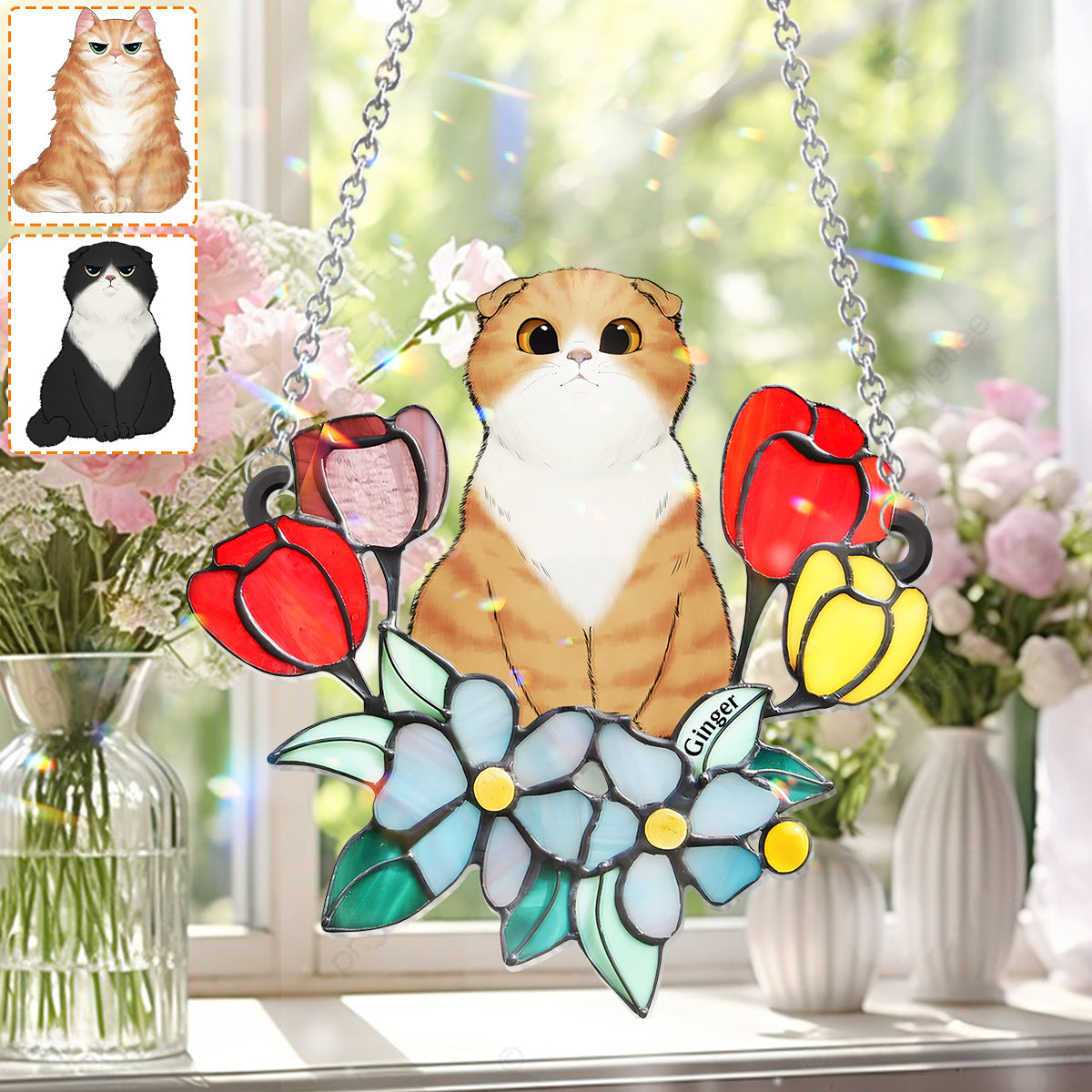 Chat parmi les fleurs - Décoration attrape-soleil personnalisée à suspendre à la fenêtre - Chat 