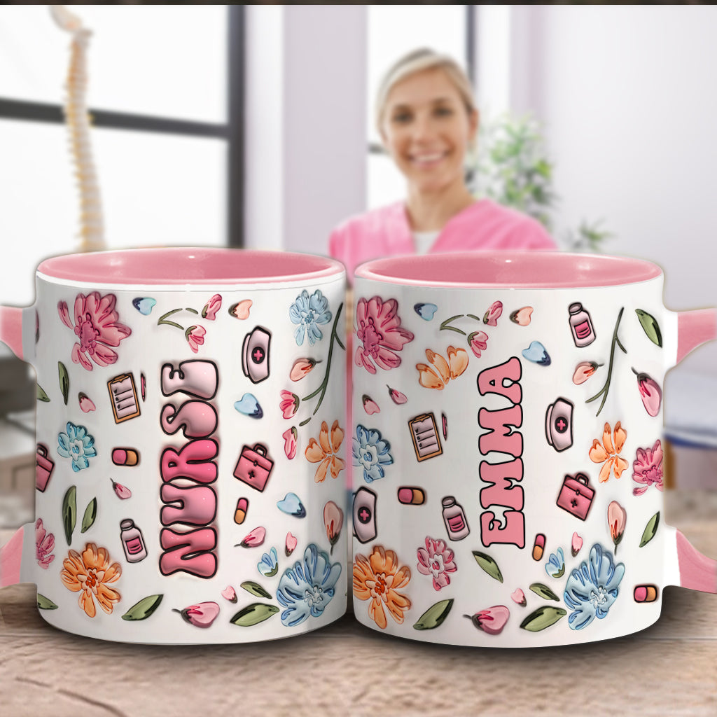 Mug gonflable personnalisé « Nurse Life » rose pastel à motifs floraux - Mug infirmière