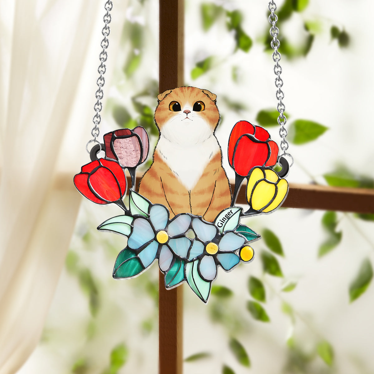 Chat parmi les fleurs - Décoration attrape-soleil personnalisée à suspendre à la fenêtre - Chat 