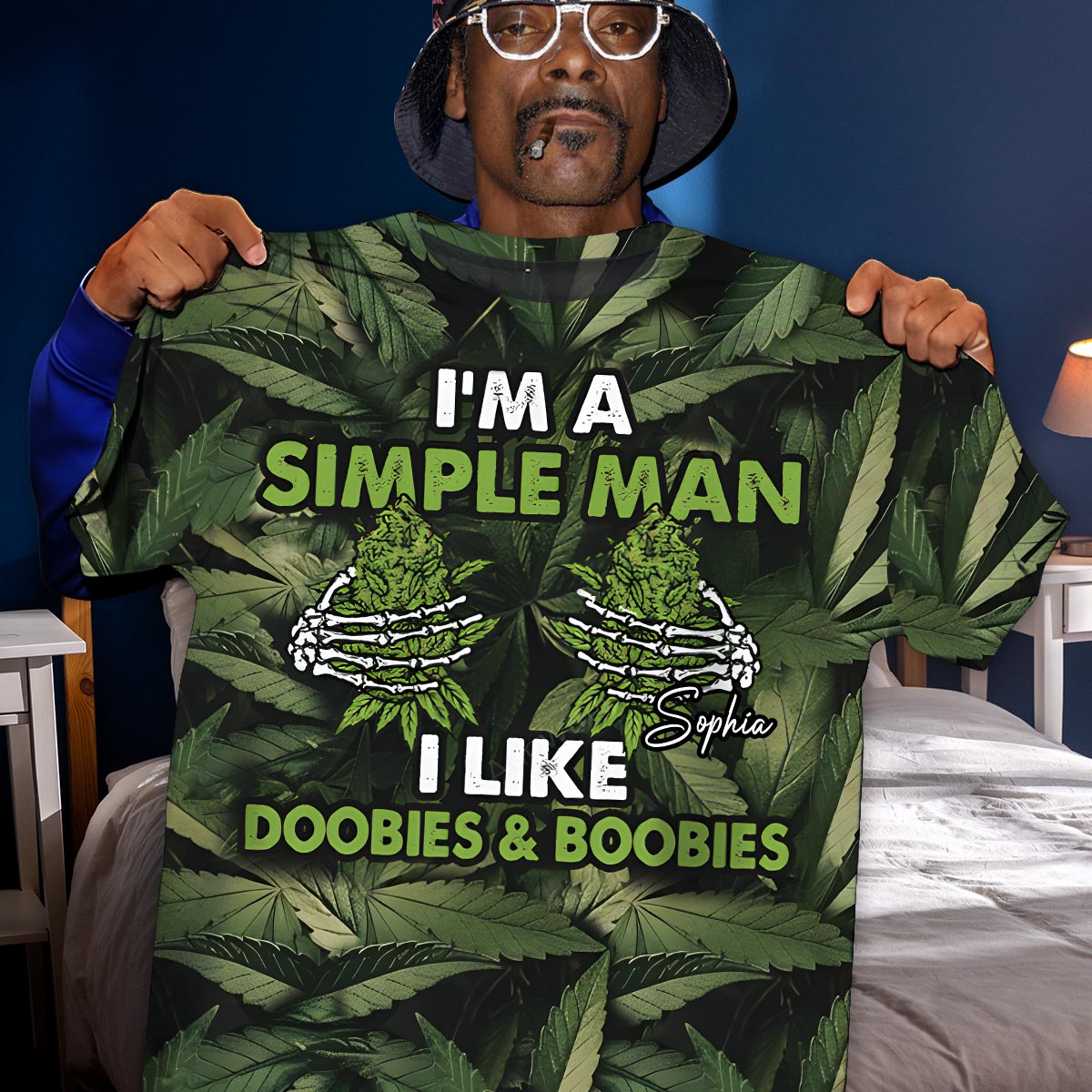 Je suis un homme simple, j'aime les joints et les seins - T-shirt personnalisé « Weed All Over »