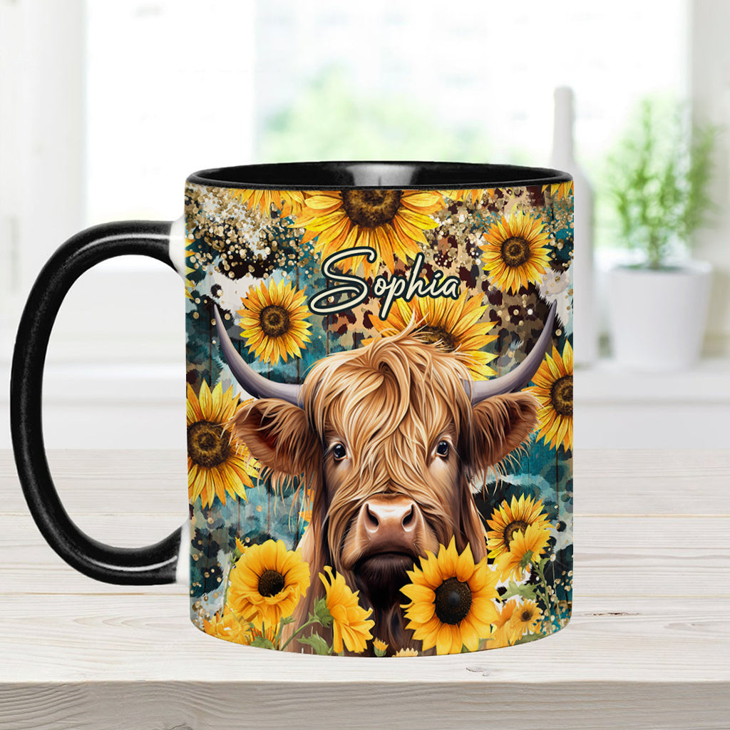 Mug personnalisé « Vache des Highlands parmi les tournesols »
