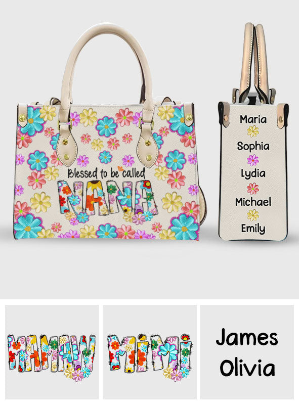 Sac à main en cuir personnalisé « Bénie d'être appelée Nana » à motif floral