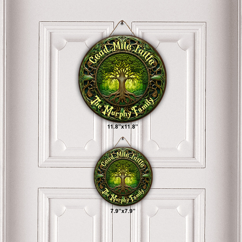 Panneau rond en bois irlandais personnalisé « Cead Mile Failte Arbre de Vie » style rustique