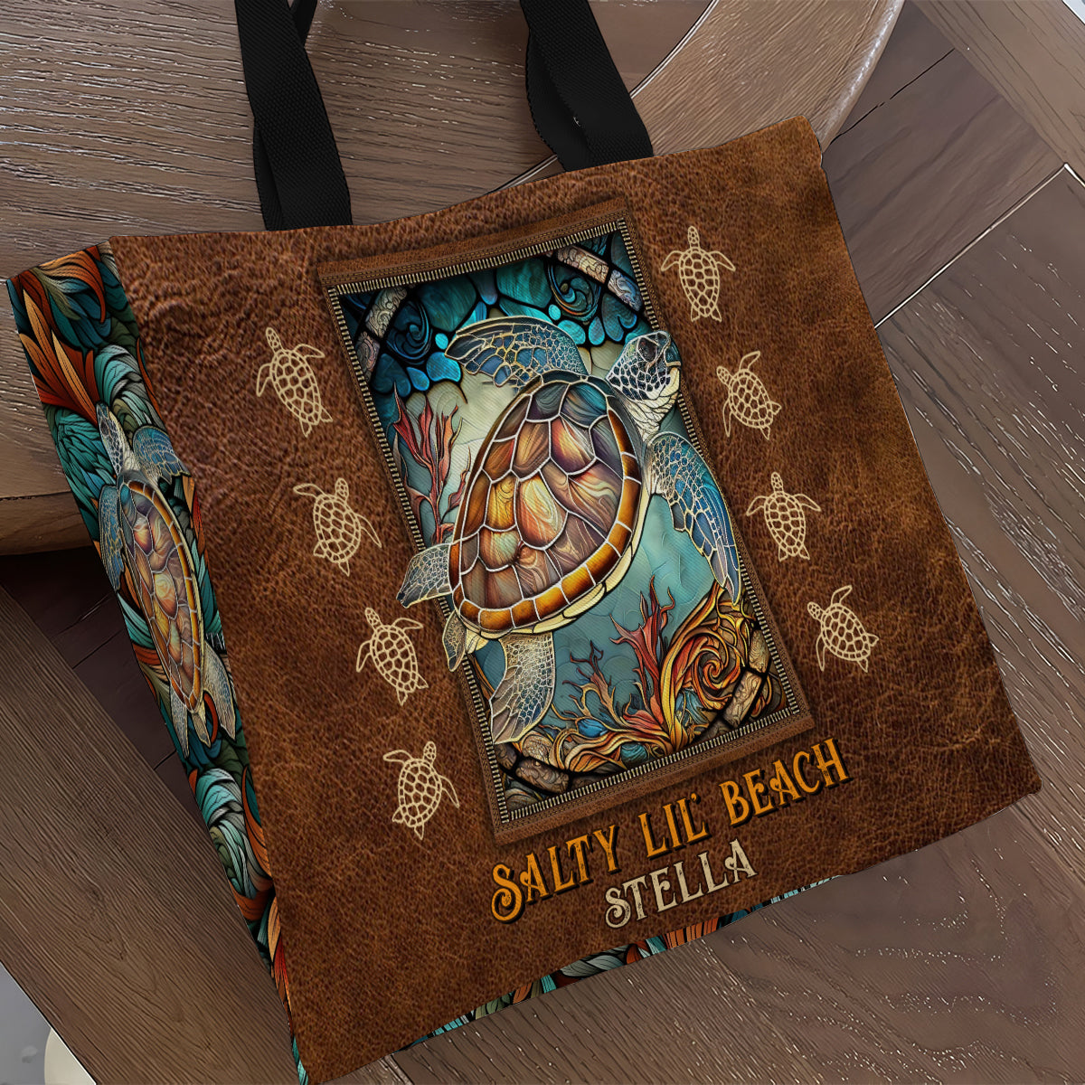 Salty Lil Beach - Sac fourre-tout en toile personnalisé avec imprimé tortue intégral