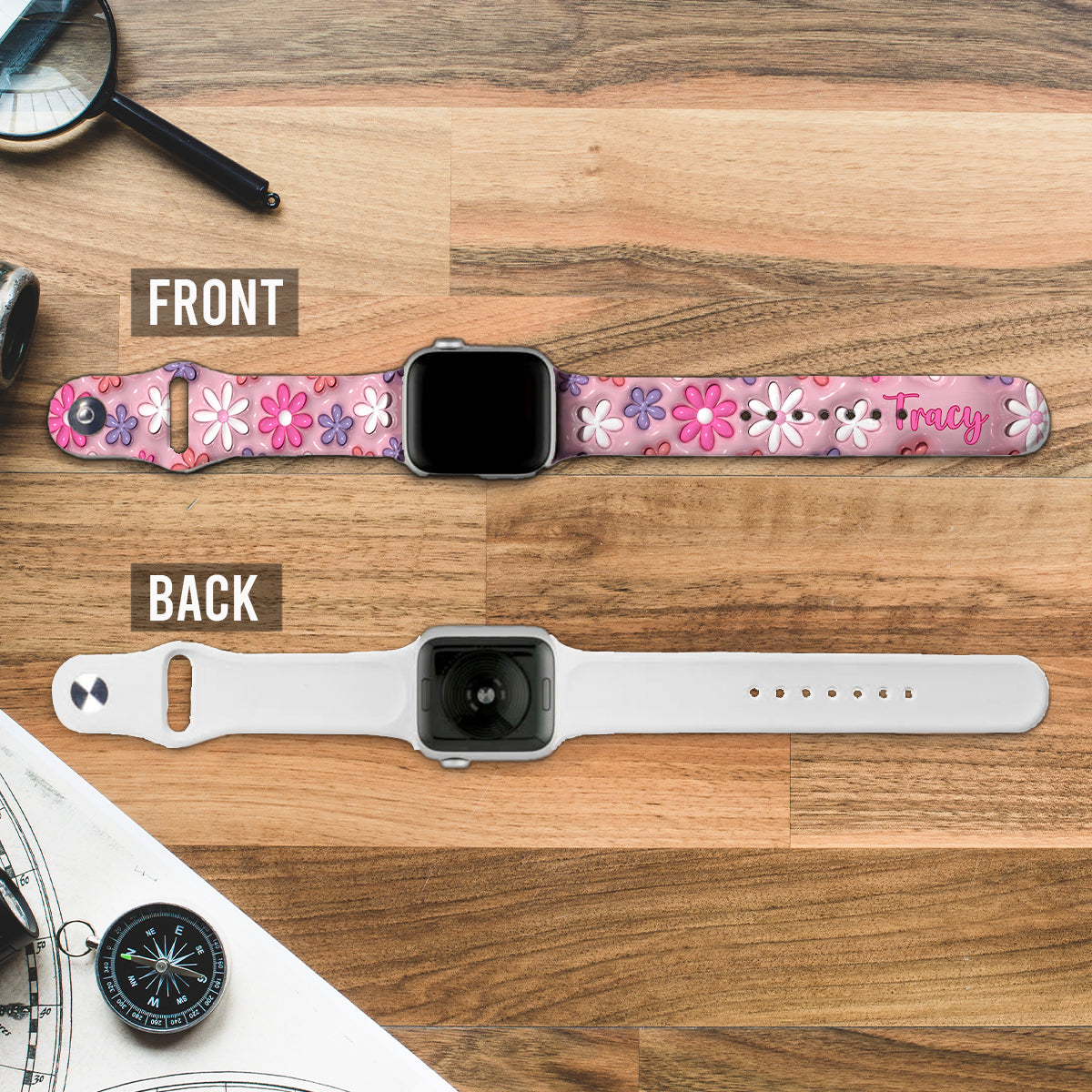 Bracelet Apple Watch rose fleuri et bouffant - Bracelet Apple Watch personnalisé
