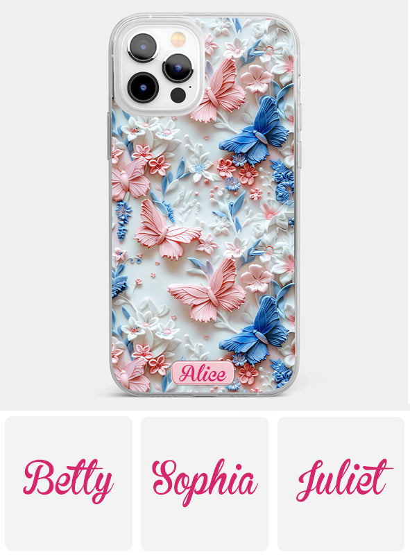 Coque de téléphone transparente personnalisée avec papillons roses et bleus