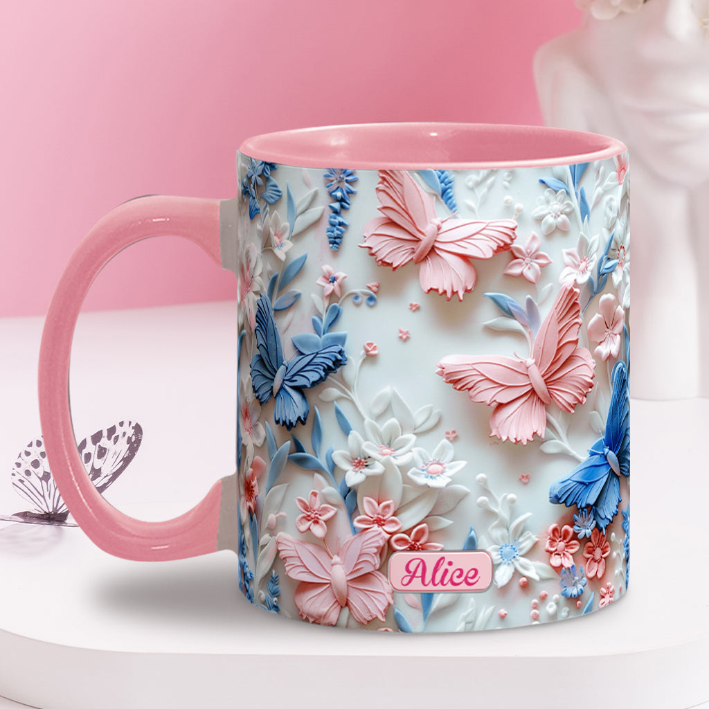 Mug personnalisé à motif papillons roses et bleus
