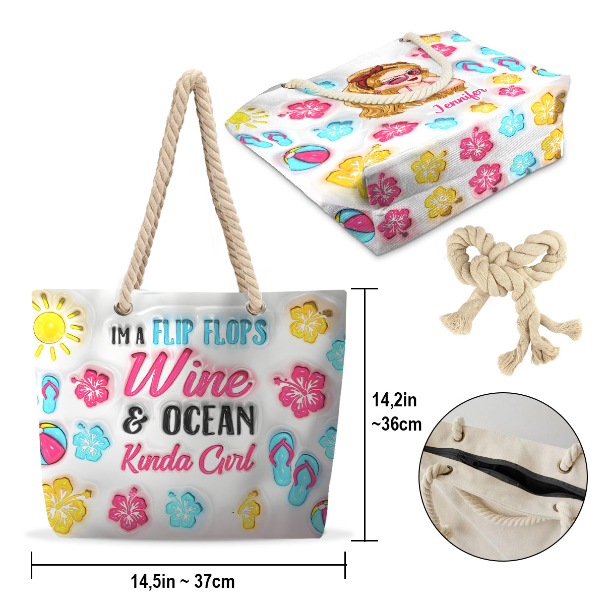 Je suis une fille en tongs et amoureuse de l'océan - Sac de plage personnalisé pour les passionnées de la mer