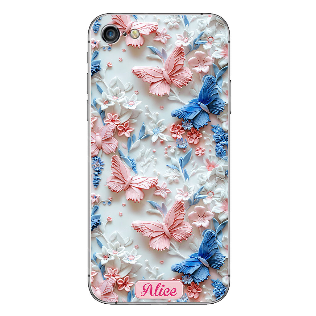 Coque de téléphone transparente personnalisée avec papillons roses et bleus