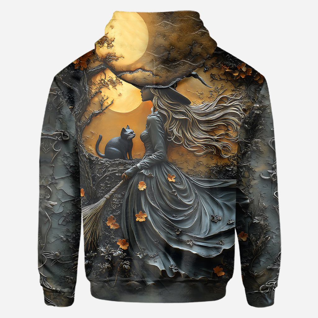 Belle sorcière et son chat noir - T-shirt personnalisé sorcière intégrale