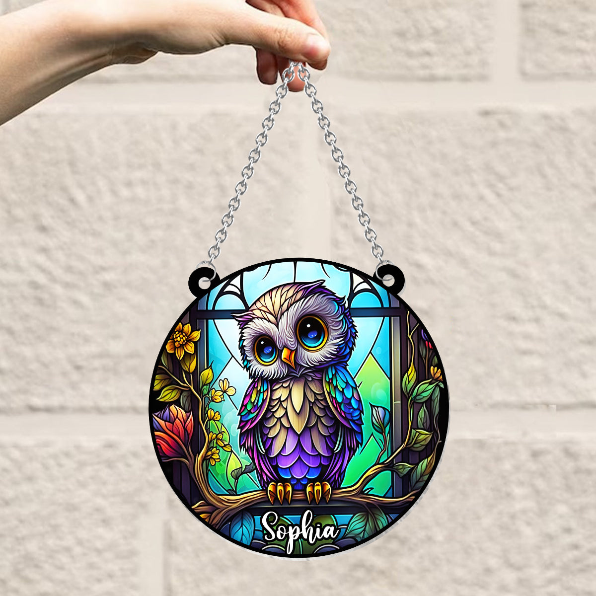 Chouette mignonne en vitrail - Ornement attrape-soleil hibou personnalisé à suspendre à la fenêtre 