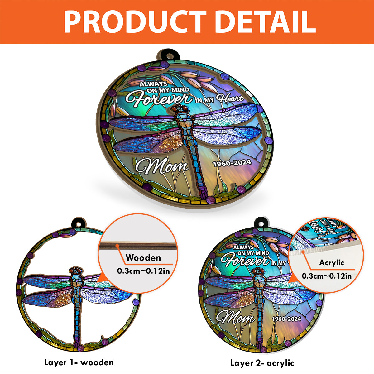 Toujours dans mes pensées, à jamais dans mon cœur - Attrape-soleil commémoratif personnalisé à 2 couches, à suspendre à la fenêtre