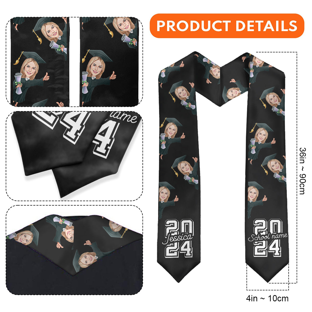 Écharpe de remise de diplôme personnalisée avec un personnage caricatural et amusant 