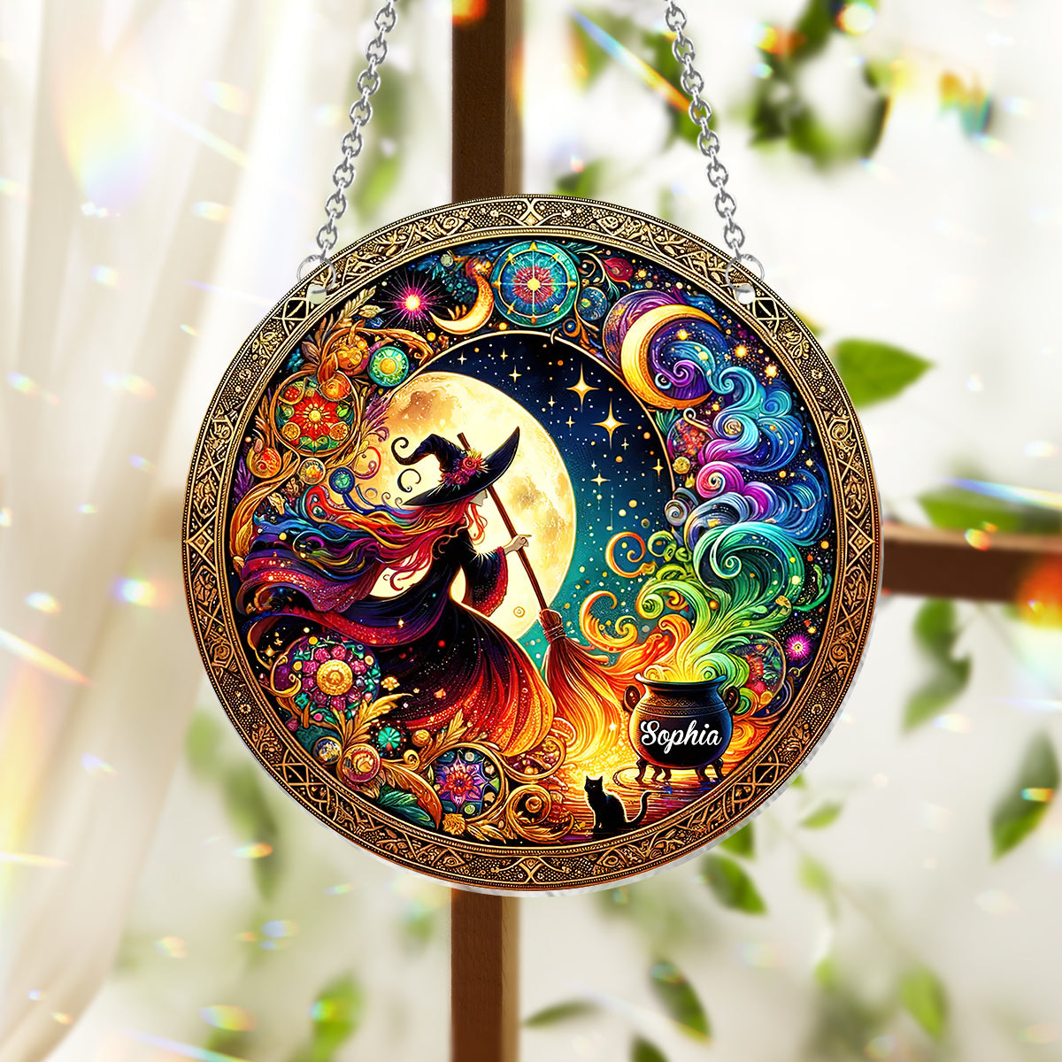 Belle Sorcière - Ornement Attrape-Soleil à suspendre à la fenêtre, personnalisé et orné d'une sorcière 