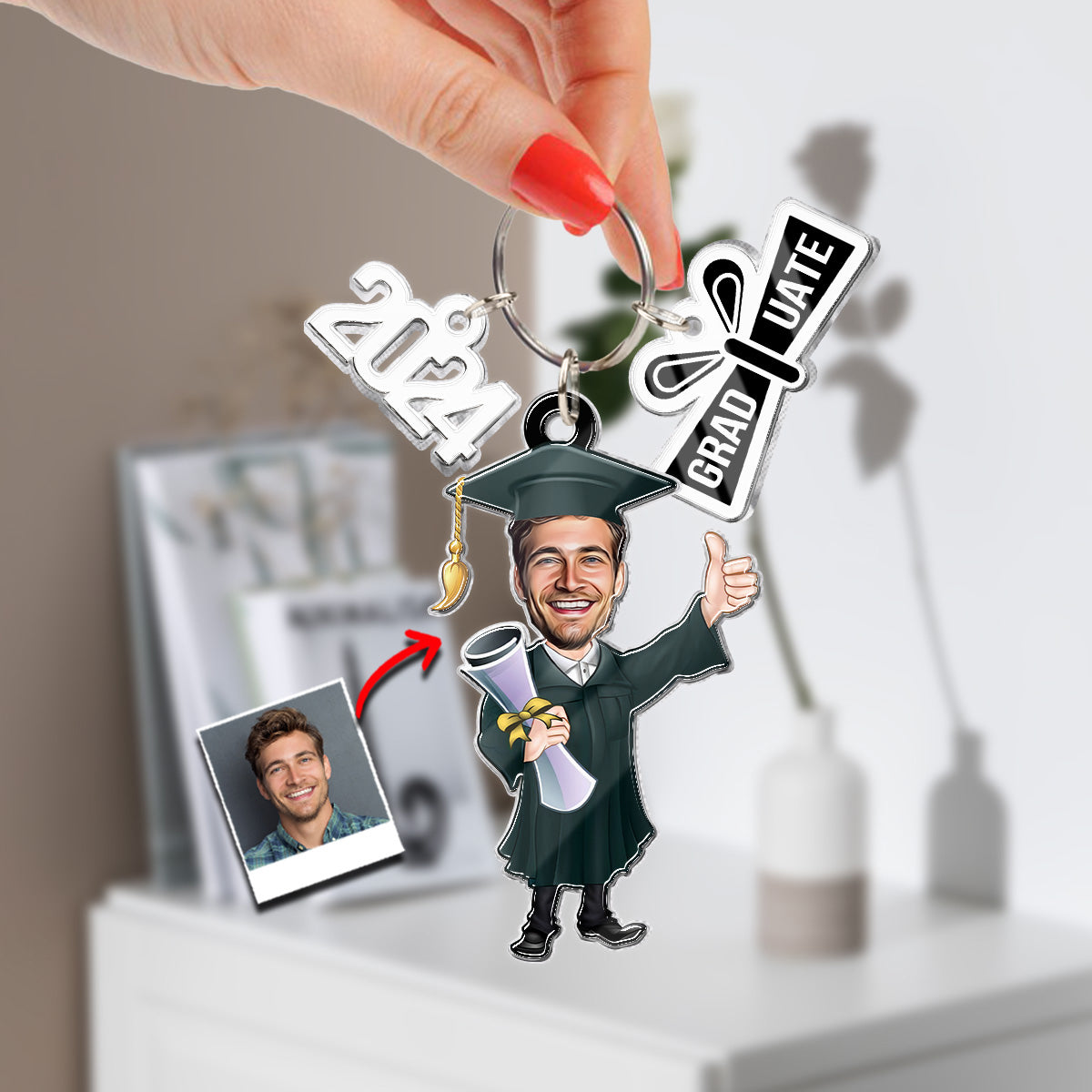Funny Graduate Caricature - Personalized Graduation Keychain with Charms