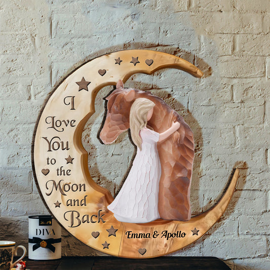 Je t'aime jusqu'à la lune - Panneau en bois personnalisé en forme de cheval