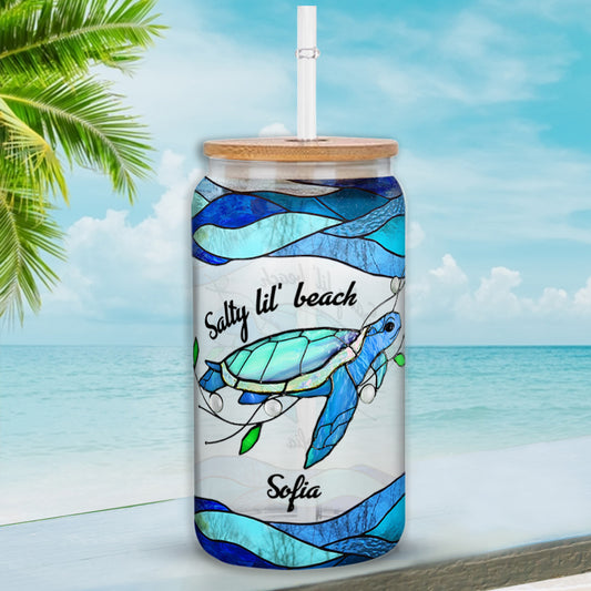 Ambiance estivale Salty Lil' Beach Blue Ocean - Verre à canette personnalisé en forme de tortue