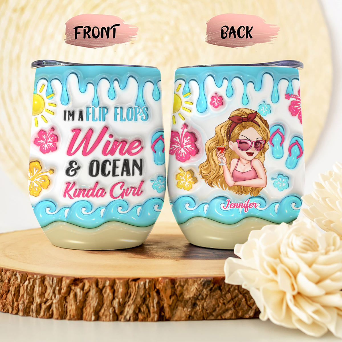 Je suis une fille en tongs et amoureuse de l'océan - Gobelet à vin personnalisé pour les passionnés de la mer