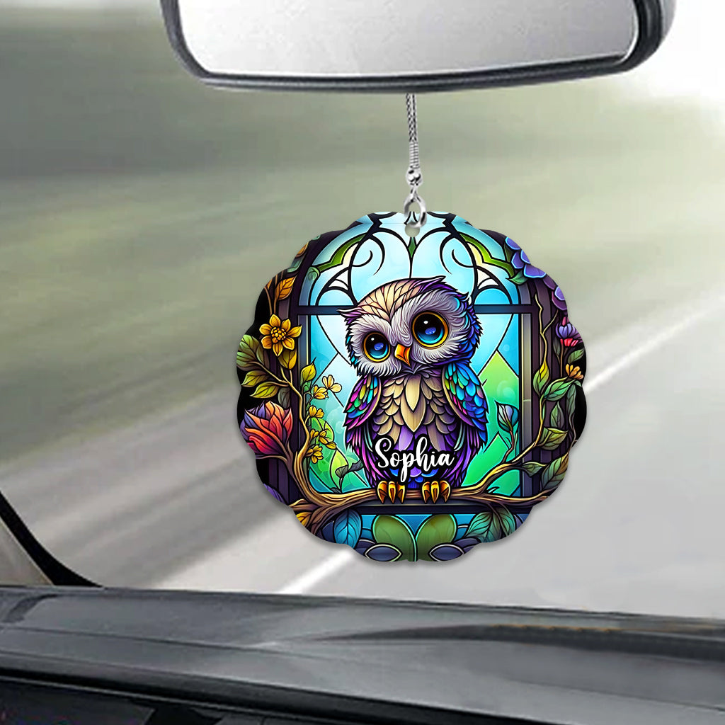 Cute Owl Stained Glass - Personalized Owl Custom Shaped Car Ornament