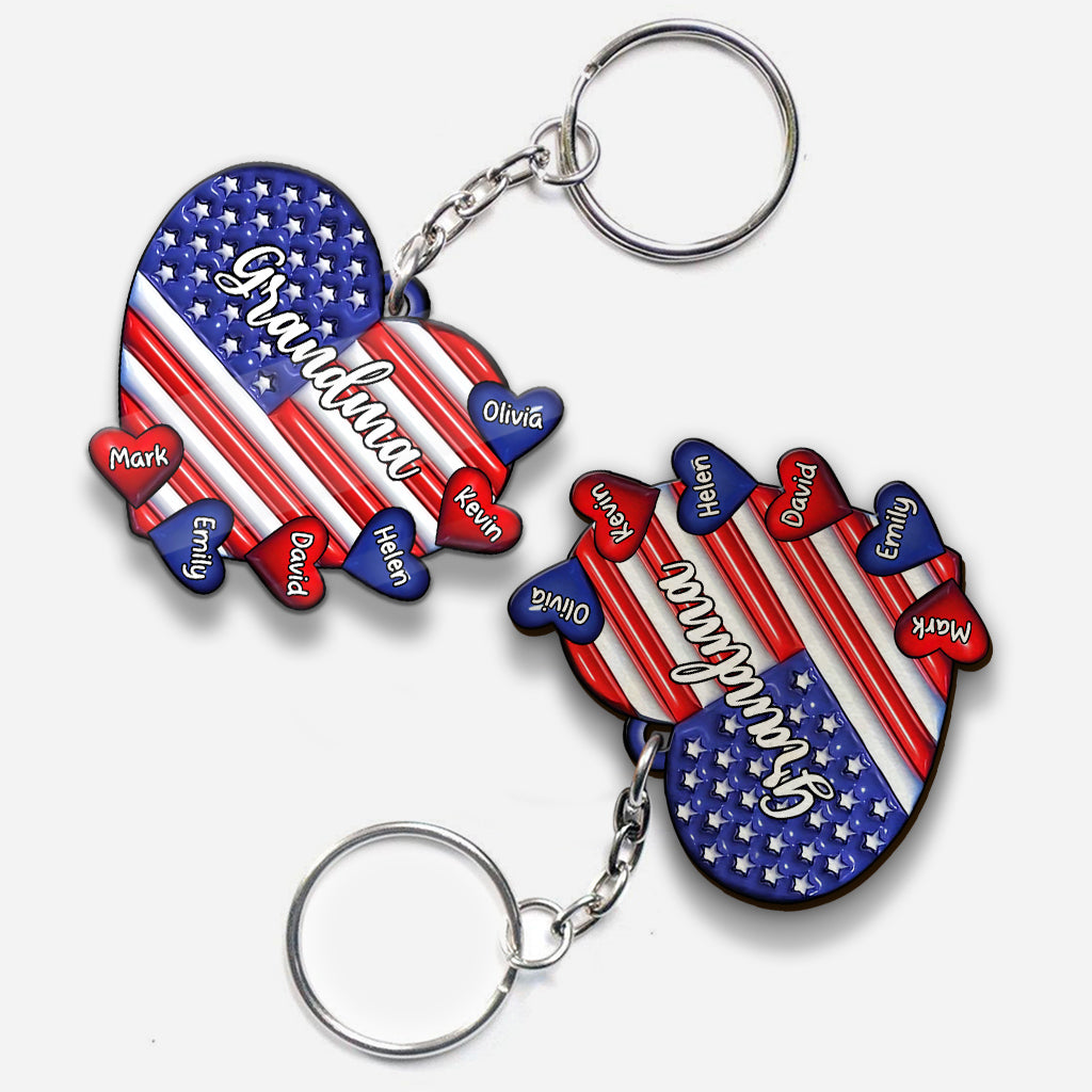 Grandma & Grandkids Puff Heart Flag - Personalized Grandma Keychain