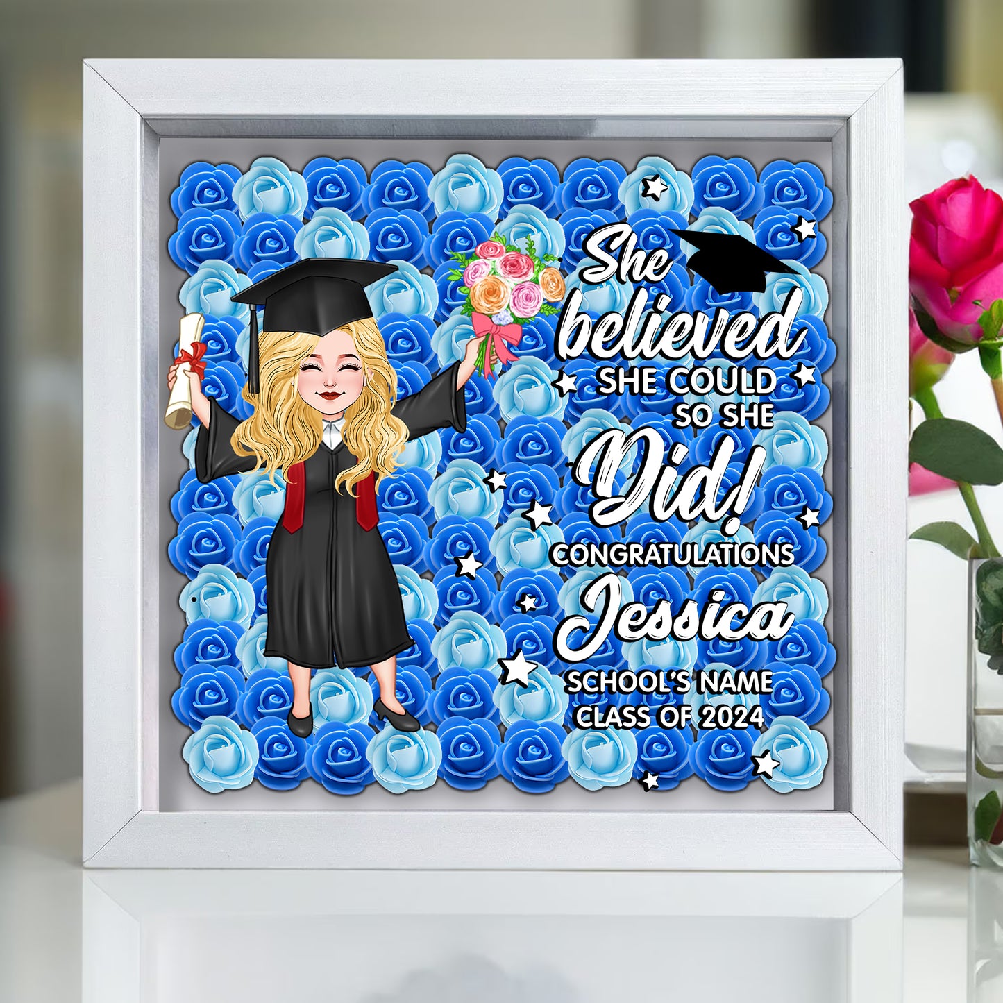 She Believed She Could So She Did - Personalized Graduation Custom Shaped Flower Shadow Box