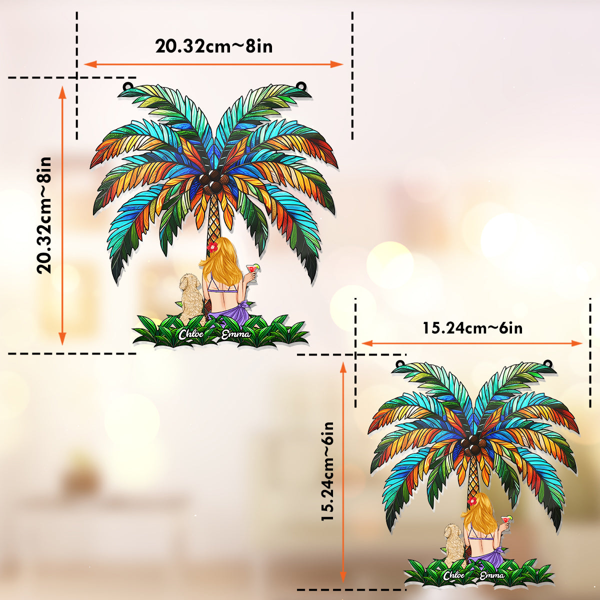 Toi et moi sous le palmier - Attrape-soleil personnalisé pour fenêtre avec motif chien 