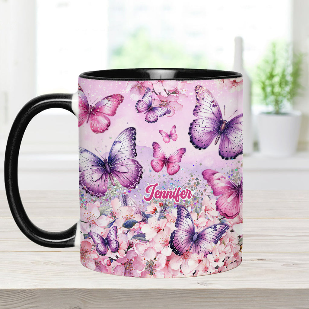 Mug personnalisé à motif papillon rose et floral