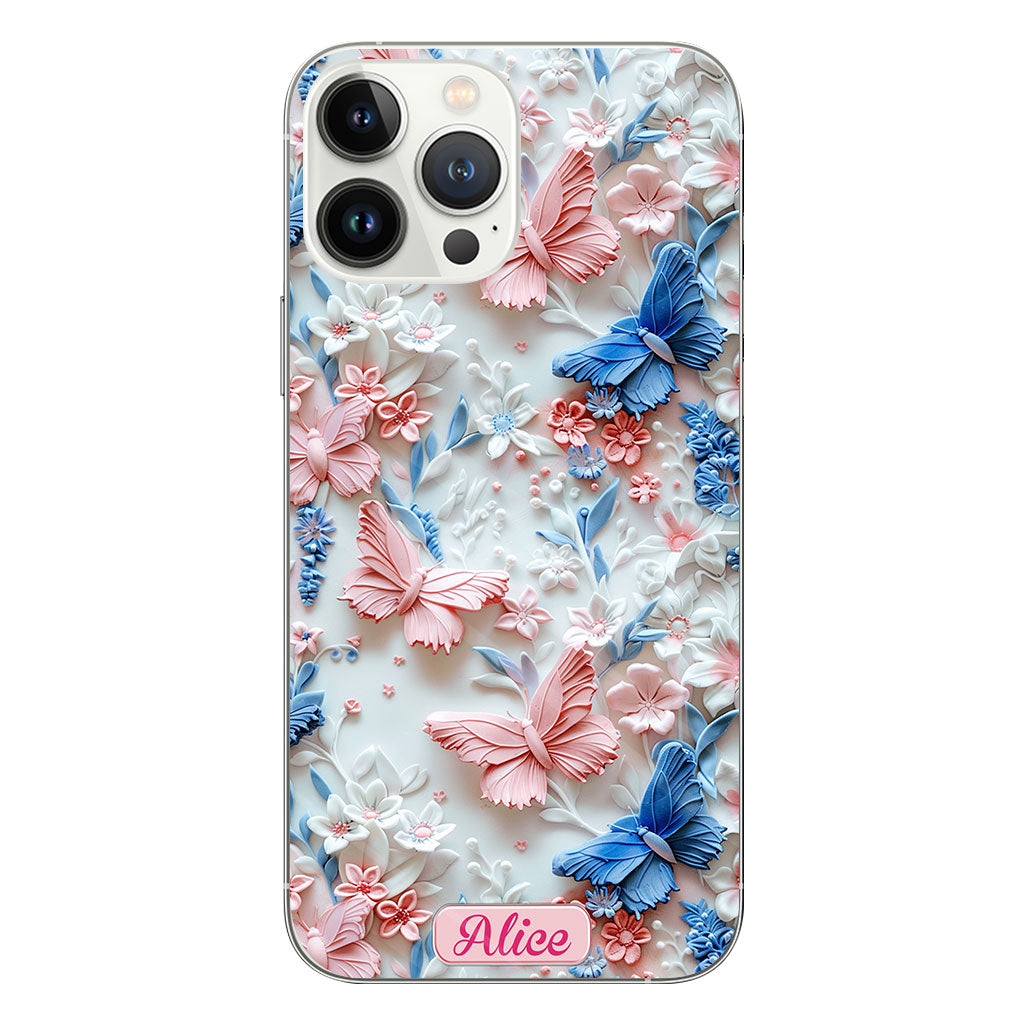 Coque de téléphone transparente personnalisée avec papillons roses et bleus